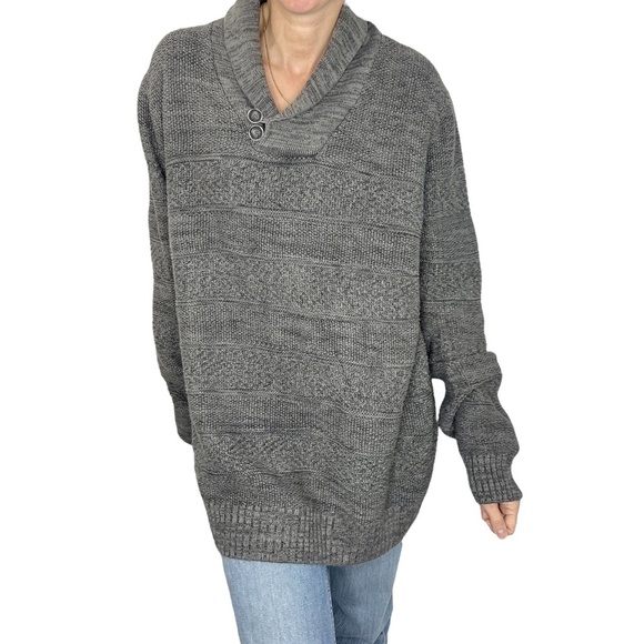 Grey 100% cotton shawl collar pullover grandpa sweater XL - Picture 2 of 10